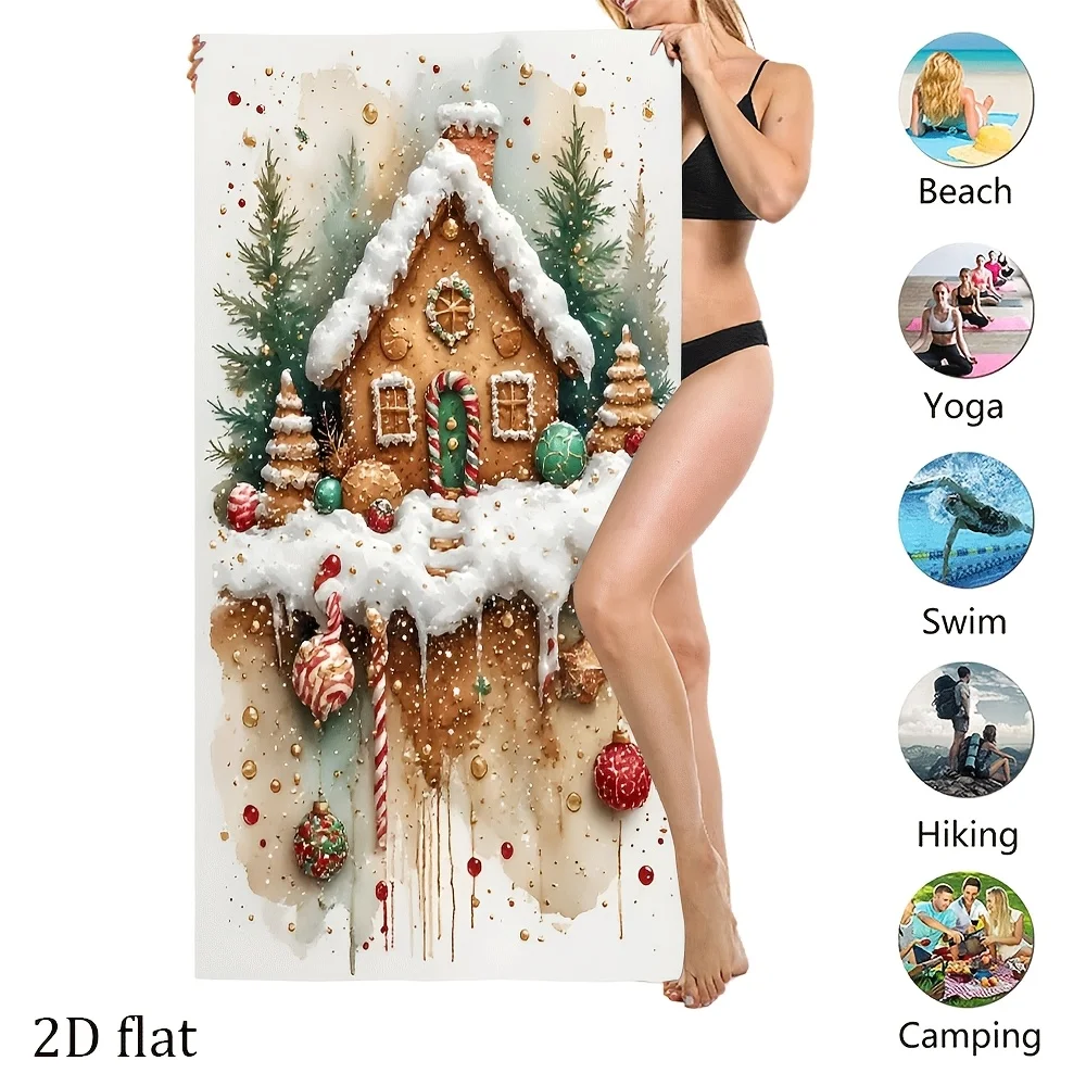 1pc Gingerbread House Christmas Beach Towel, Summer Beach Essential Bath Towel, Suitable for Bedroom Sofa Bathroom Outdoor Trave