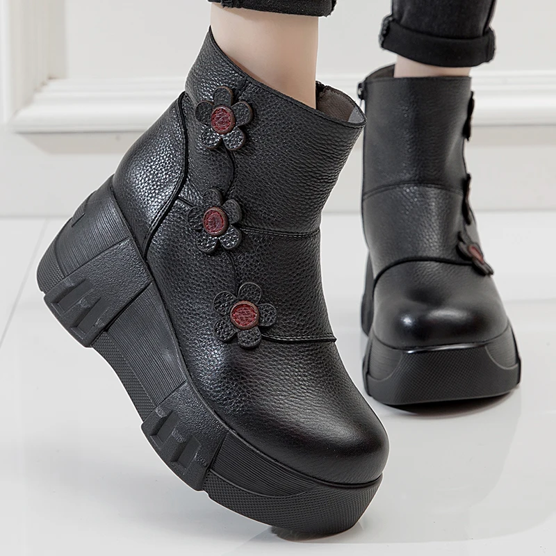 GKTINOO 2024 Handmade Flower Genuine Leather Women Boots Round Toes Thick Sole Ankle Boots Wedges Shoes Retro Platform Boot