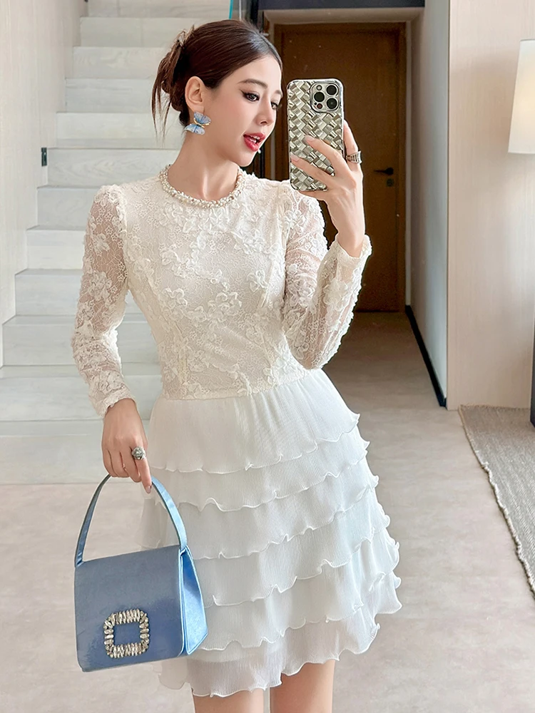 Fairycore Verjaardagsfeestje Jurken Vrouwen Prachtige Geborduurde Bloem Ruche Taart Jurk Pure Kant Parel Diamant Baljurk Vestido