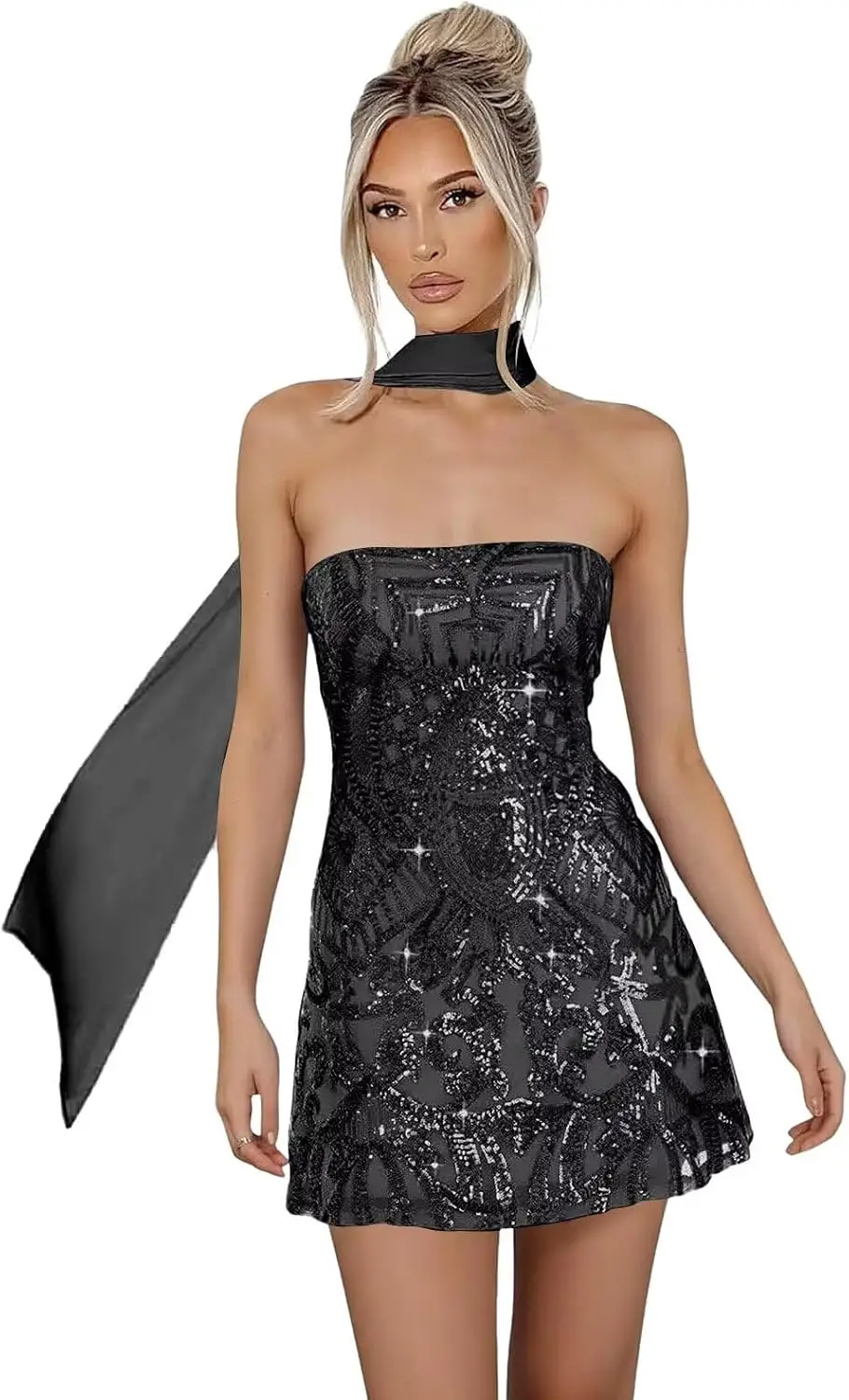 Sparkly Sequin Short Homecoming Dresses with Scarf 2025 Strapless Tight Mini Cocktail Party Dress graduation dress