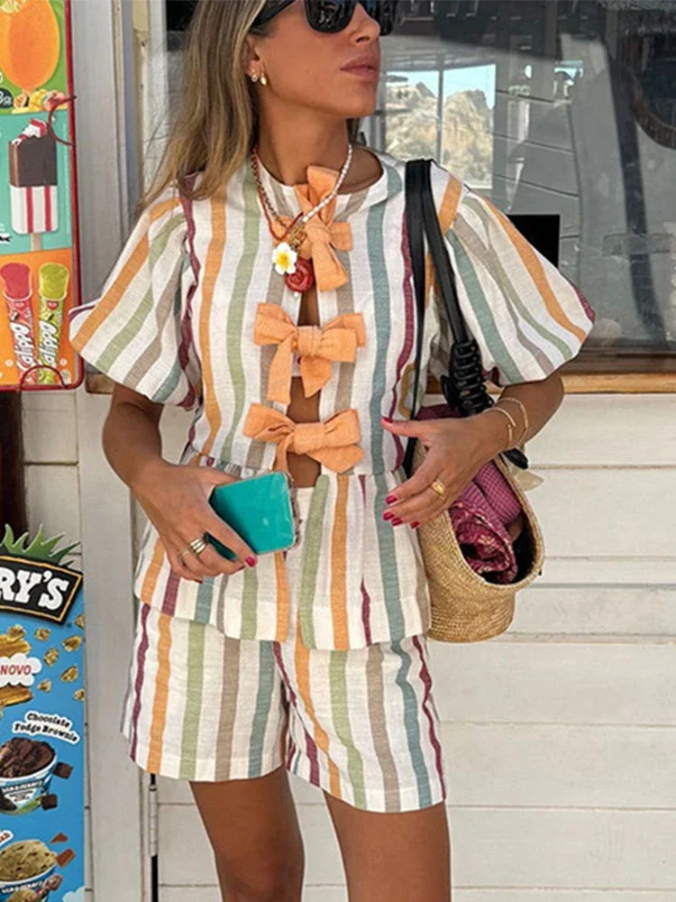 

Bow Contrast Women Two-piece Set O Neck Half Sleeve Lady Top Sets 2025 Fashion Casual Summer Striped Wide Leg Female Pant Suit