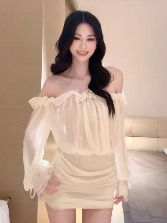 

Ele абрикосовая женская юбка трапециевидной формы с длинными рукавами на одно плечо, микро-лексибилизация, весна-осень, чистый цвет