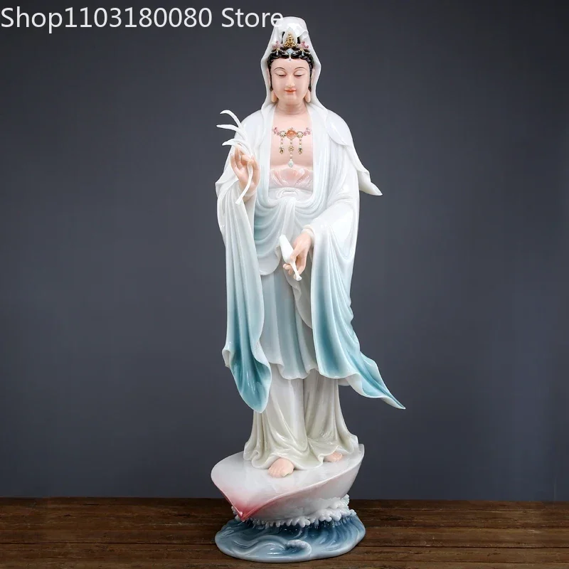 

68cm White Marble "A leaf Guanyin" buddha statue white jade Avalokitesvara standing statue sculpture