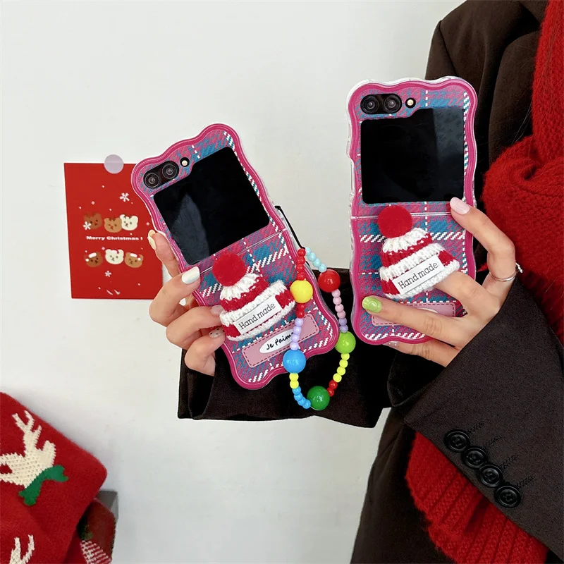 3D Christmas Hat Bracelet Phone Case For Samsung Galaxy Z Flip 6 3 4 5 Wave Clear Shockproof Cover For Samsung Z Flip6 ZFlip6