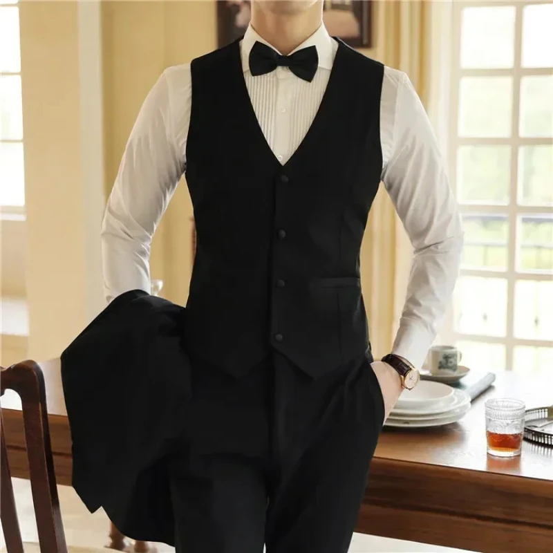 Men\'s Wedding Solid Color Suit Vest, Groom Groomsman Suit, Black Single-Breasted Slim Fit Waistcoat , Business Casual, M-7XL