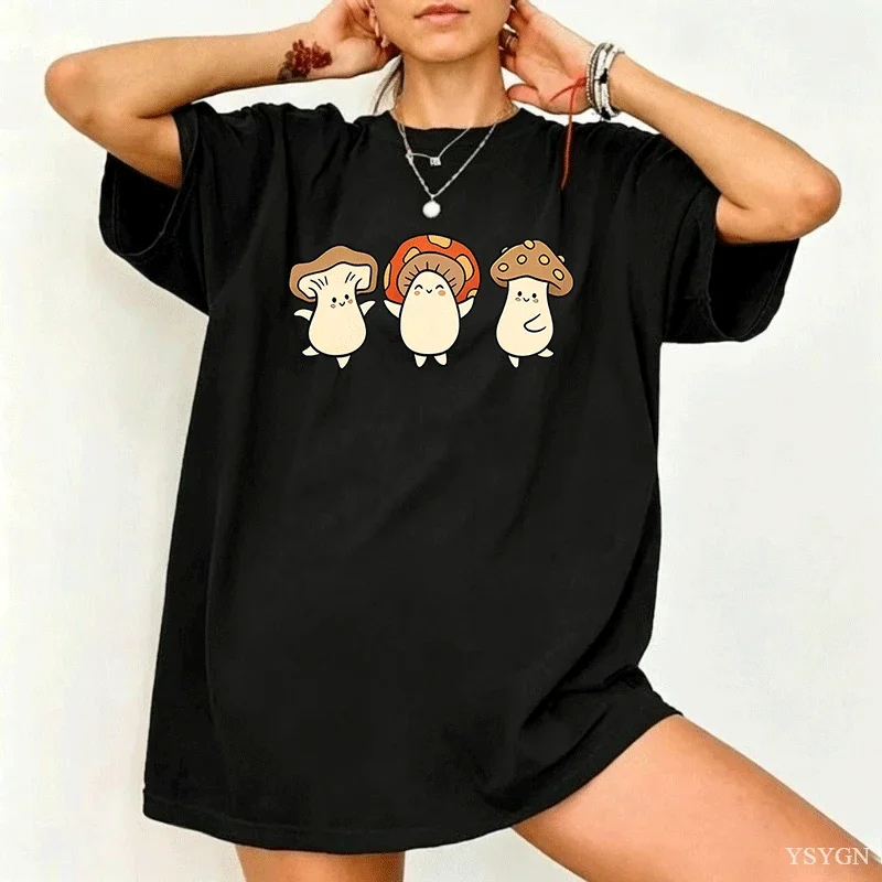 Cute Three Dancing Cartoon Mushrooms Mens Front Print T Shirt Kawaii Fungi Graphic Tee Casual Short Sleeve Top Nature Lover Gift