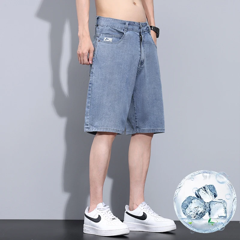 

Lyocell Summer Thin Denim Shorts Men's Loose Straight Ice Silk Jeans Soft Draped Breathable Korean Knee-length Short Pants