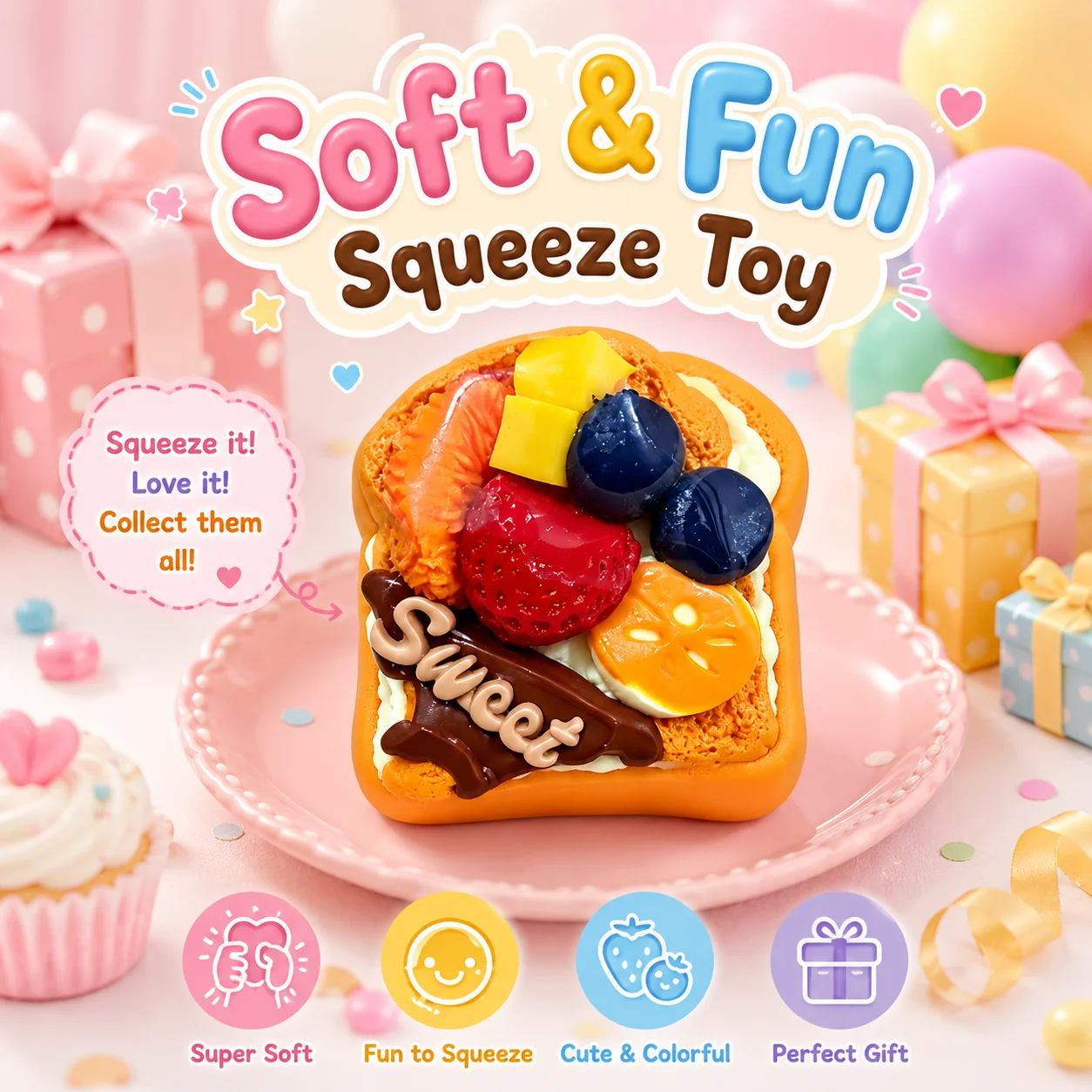 Soft Food Grade Toast Shape Squeeze Toy Assorted Fruit Chocolate Sweet Letter Decoration Stress Reducing Fidget Squishy Toy