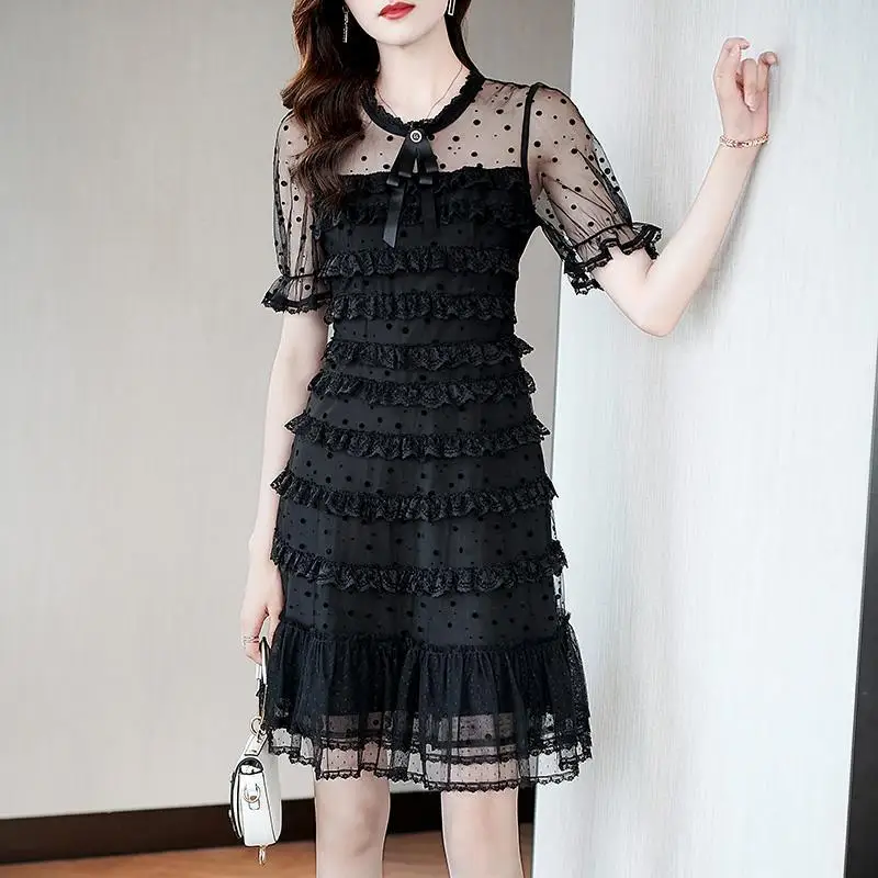 

Elegant O-Neck Bow Lace Ruffles Polka Dot Lace Dress Women's Clothing 2024 Summer New Loose Gauze Princess Sleeve Party Dress