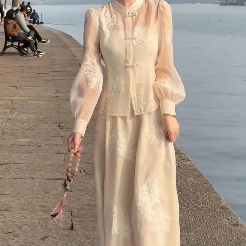 

Elegant Chinese Style Women's 2025 Spring Newness Temperament O-neck Top Three-piece Set High-waist Skirt Outfit Female