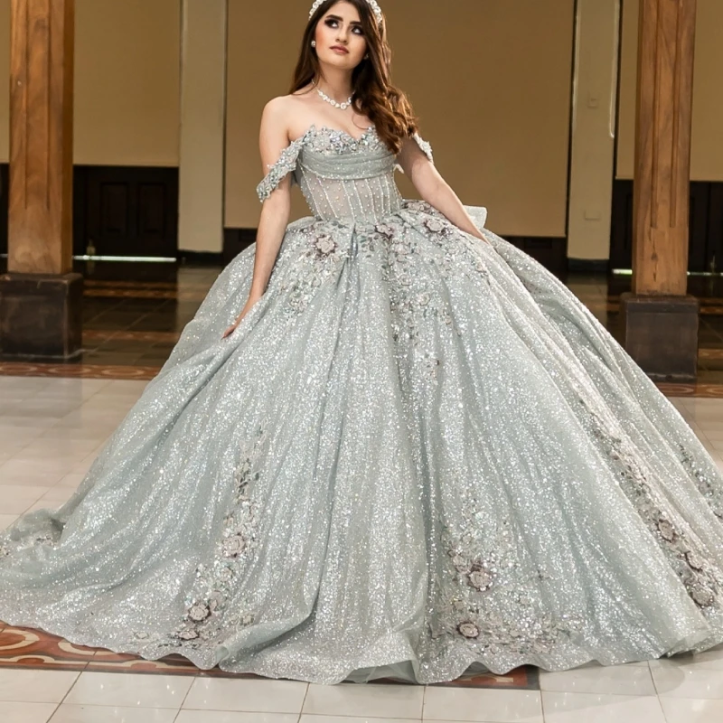 

Light Green Shiny Quinceanera Dresses Ball Gown Off The Shoulder Sequin Applique Lace Beads Tull Corset Party Birthday Sweet 16