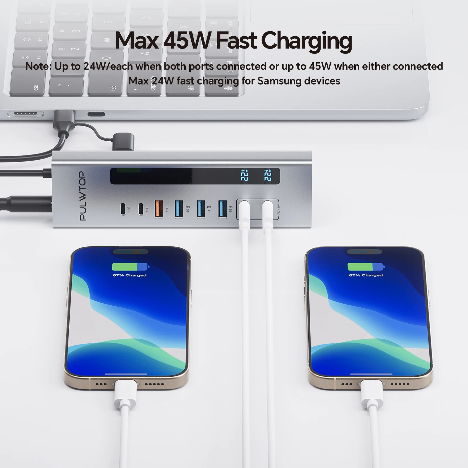PULWTOP Powered Hub with USBC 3.2 Gen2 10Gbps data ports, USB C HUB with 2*24/45W Type-C PD Charging Not for Video Output