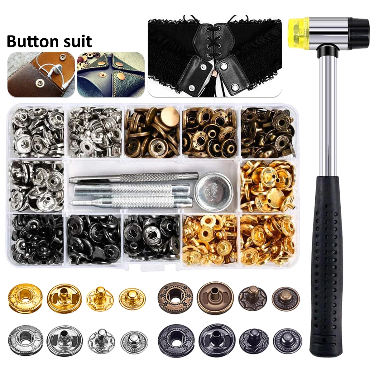 120 Pcs Snap Button Kit Snaps Fastener Stainless Steel 4 Colors for Jeans, Clothing Heavy Duty Punch Hole Pliers and Hammer