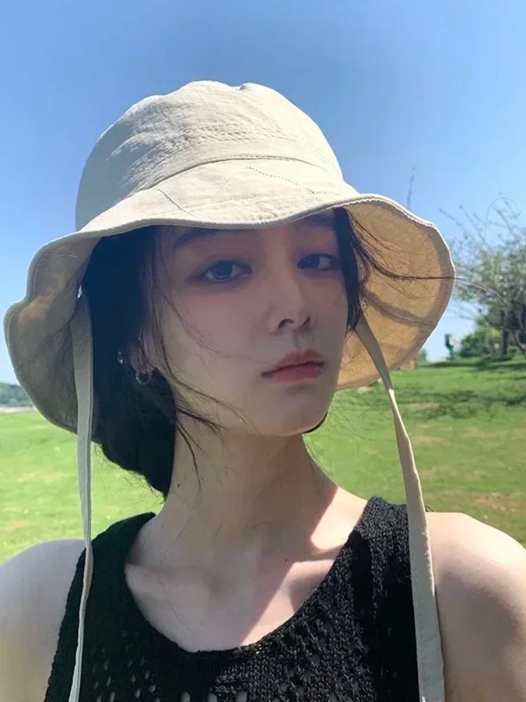 AliExpress NONE Ins Windbreak Rope Fisherman Hat Thin Lace-up Sunscreen Hat Solid Color Tie Bucket Cap Outdoor