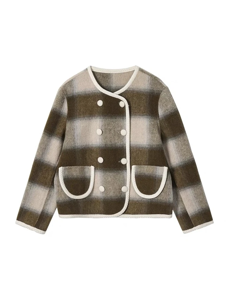 

Double-Sided Woolen Plaid ort Jaet Coat with ket Splicing Design Commuting Warmth Faion Ladies' Winter Outerwear