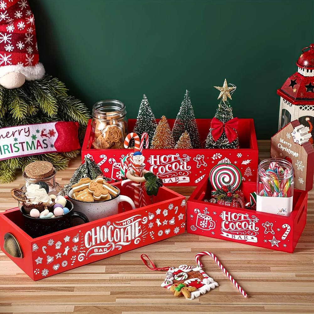 1PC Red Solid Wood Christmas Decorative Square Desktop Storage Box Holiday Tabletop Organizer for Home Items