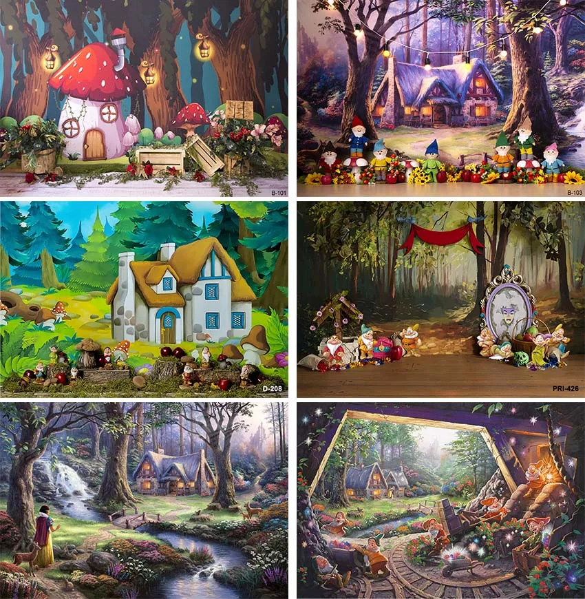 Cartoon Disney Cute Seven Dwarfs and Bird Photo Backdrop Snow White Princess Happy Birthday Party Decoration Backgrounds Banner