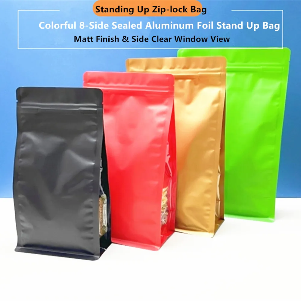 

50pcs Colorful 8-Side Seal Stand Up Bags with Side Window, Zip Lock Resealable Flat Bottom Pouch for Tea / Snacks Food Packaging