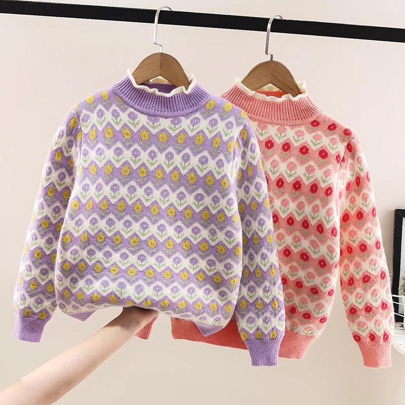 

Autumn Winter Junior Girl Cropped Pullovers Sweaters Children Girl Knitted Top Flower Sweater Girls Turtleneck Sweater Tops