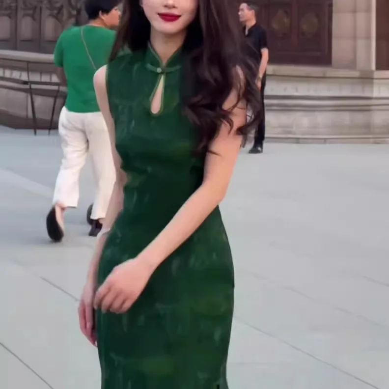 

7561, новый летний китайский стиль, ажурные пуговицы, без рукавов, для похудения, жилет выше колена, платье Cheongsam для женщин