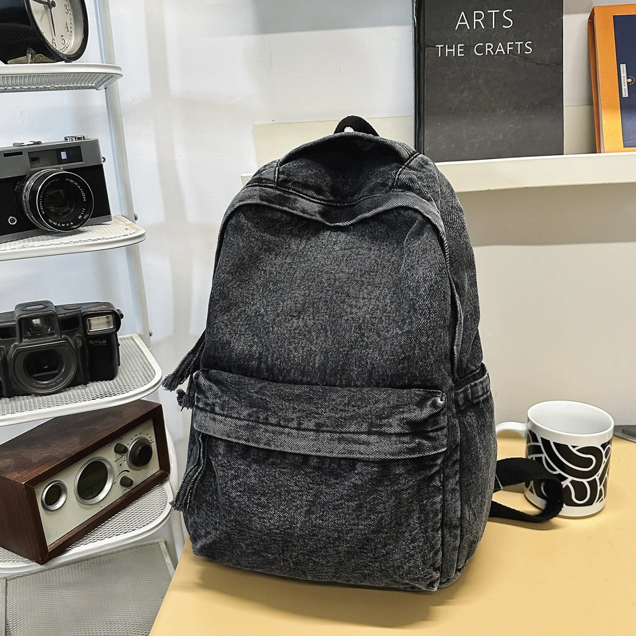 Vintage Washed Denim Backpack Lightweight Large Capacity Student School Bag Casual Travel Daypack Black Blue Retro Shades