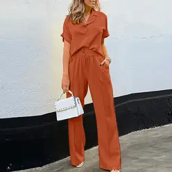 2 Piece Sets Women Outfit Fashion Short Sleeve Shirt Pant Sets Women Summer Elegant Straight Pants 2 Piece Sets Women Outfit