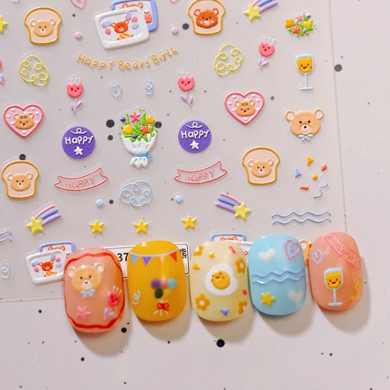 Lovely Birthday Little Bear Flowers Cartoon 5D Embossed Reliefs Self Adhesive Nail Art Stickers Cute Manicure Decals Wholesale