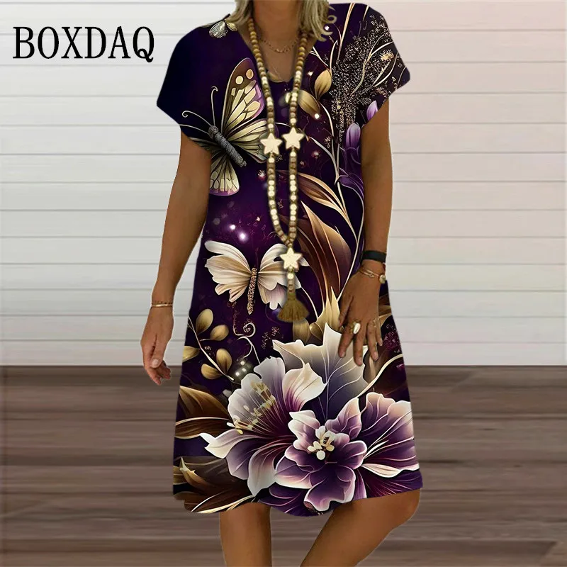 Summer Fashion Butterfly Plant Flowers Print Women Dress Elegant Sweet Short Sleeve V-Neck Oversized Clothing Casual Loose Dress