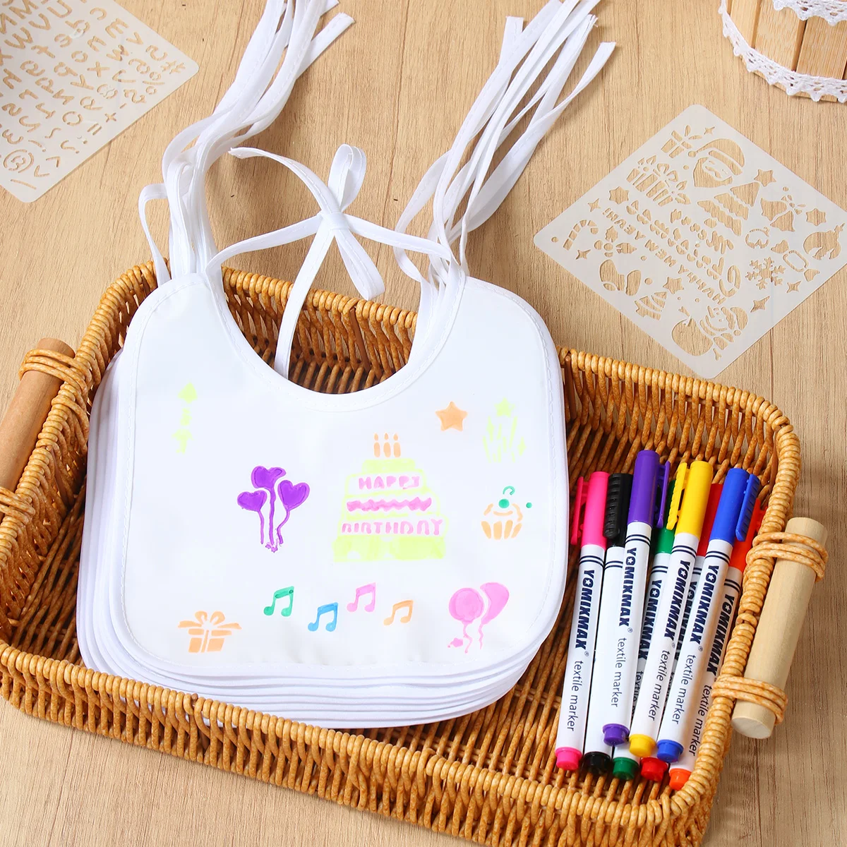 

DIY Bib Decoration Set Includes 10pcs White Bibs 5 Wildflowers Building Blocks Stand 8 Pens for Gender Reveal Baby Shower Game