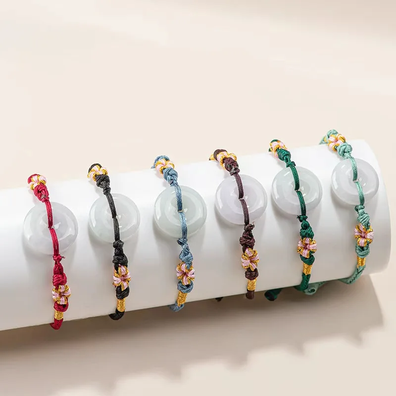 Natural White Jade Peace Buckle Peach Blossom Hand Rope Bracelet Handmade Red Rope Wax String Charm Bangle Jewelry Gift Women