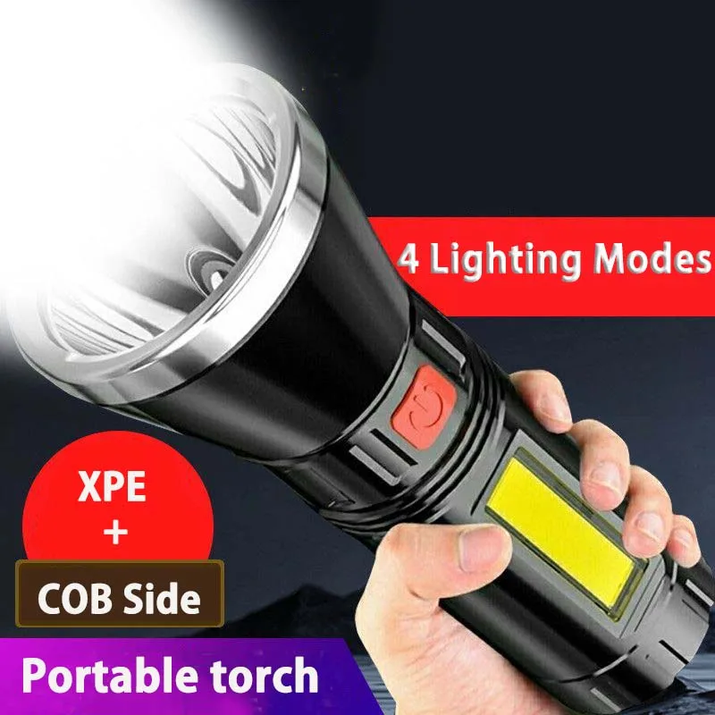 

USB Rechargeable LED Flashlight with COB Side Light Super Bright Outdoor Portable Lamp 4 Mode Waterproof Torch Outdoor Household