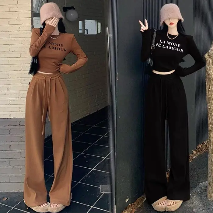 Women's set 2024 autumn and winter new spicy letter long sleeved T-shirt+elastic waist casual wide leg pants