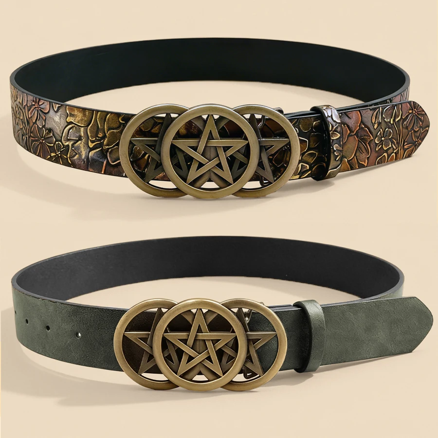 Gothic Pentagram Belt Women Vintage Metal Buckle Two-Tone Embossed Waist Cinch Fashion Accessory