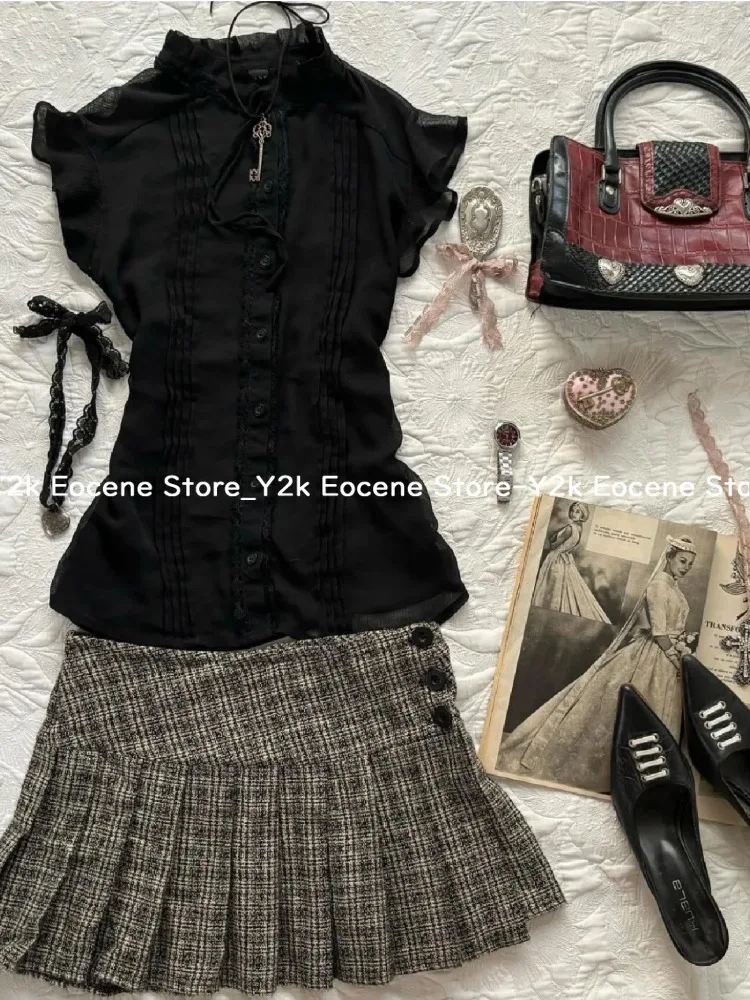 2000s Y2k Solid Female Vintage Women Clothing Chic Slim Shirts Soft Harajuku Casual Aesthetic Fashion Tide Ruched Retro Tops Ins