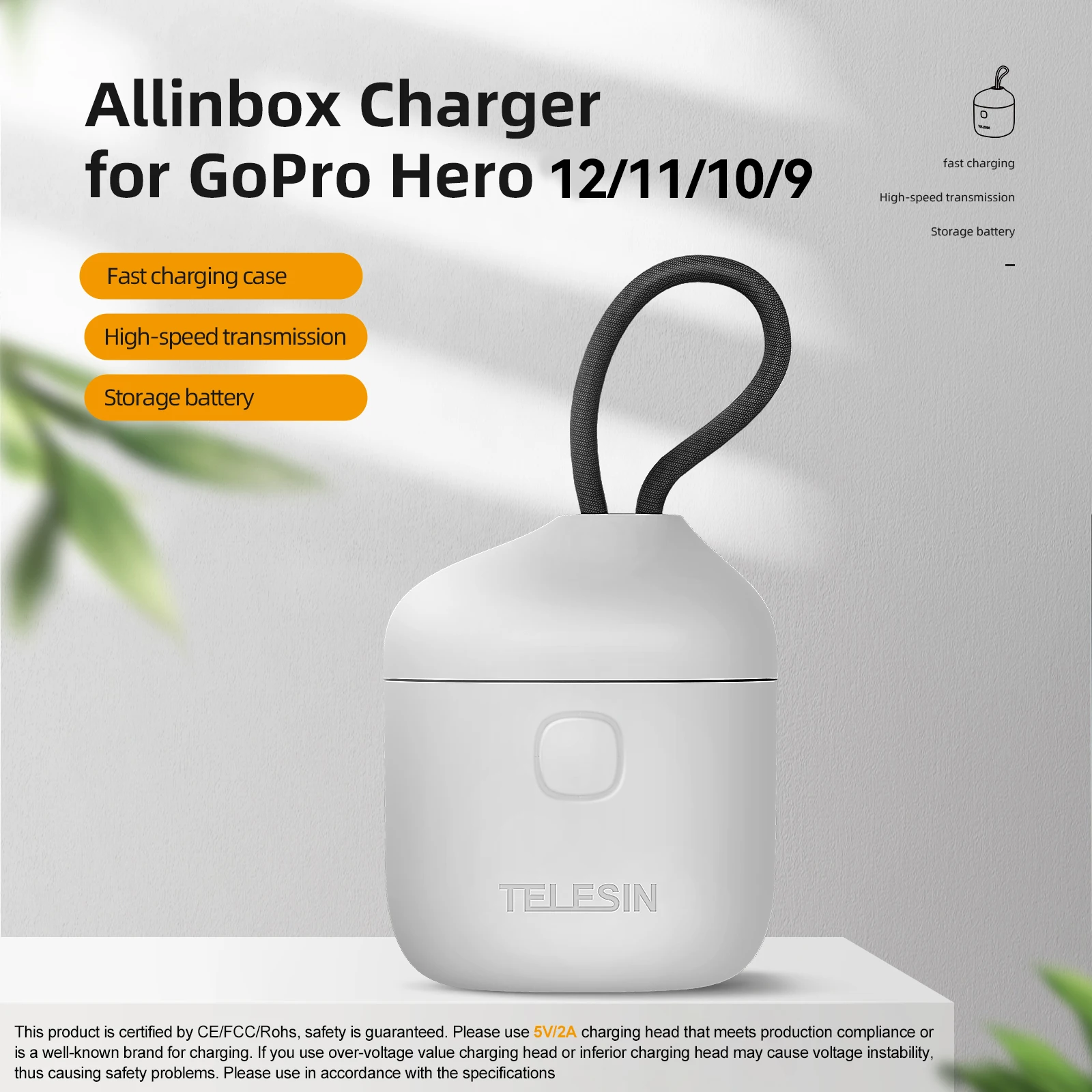 TELESIN Portable Charger For GoPro Hero 12 11 10 Battery 3 Slot Silicone Anti-fall Waterproof Charging Box with TF Card Reader