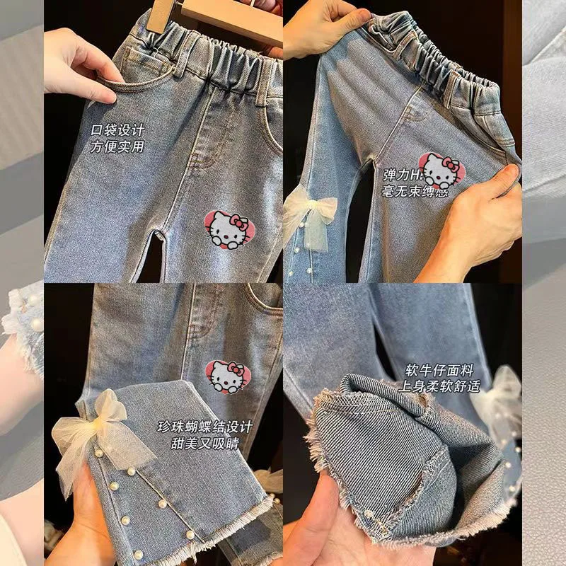 Kawaii sanrioed hallo kittys jeans süßes mädchen perle schleife glocken hose kinder mode hose elastische taille koreanische kinder kleidung