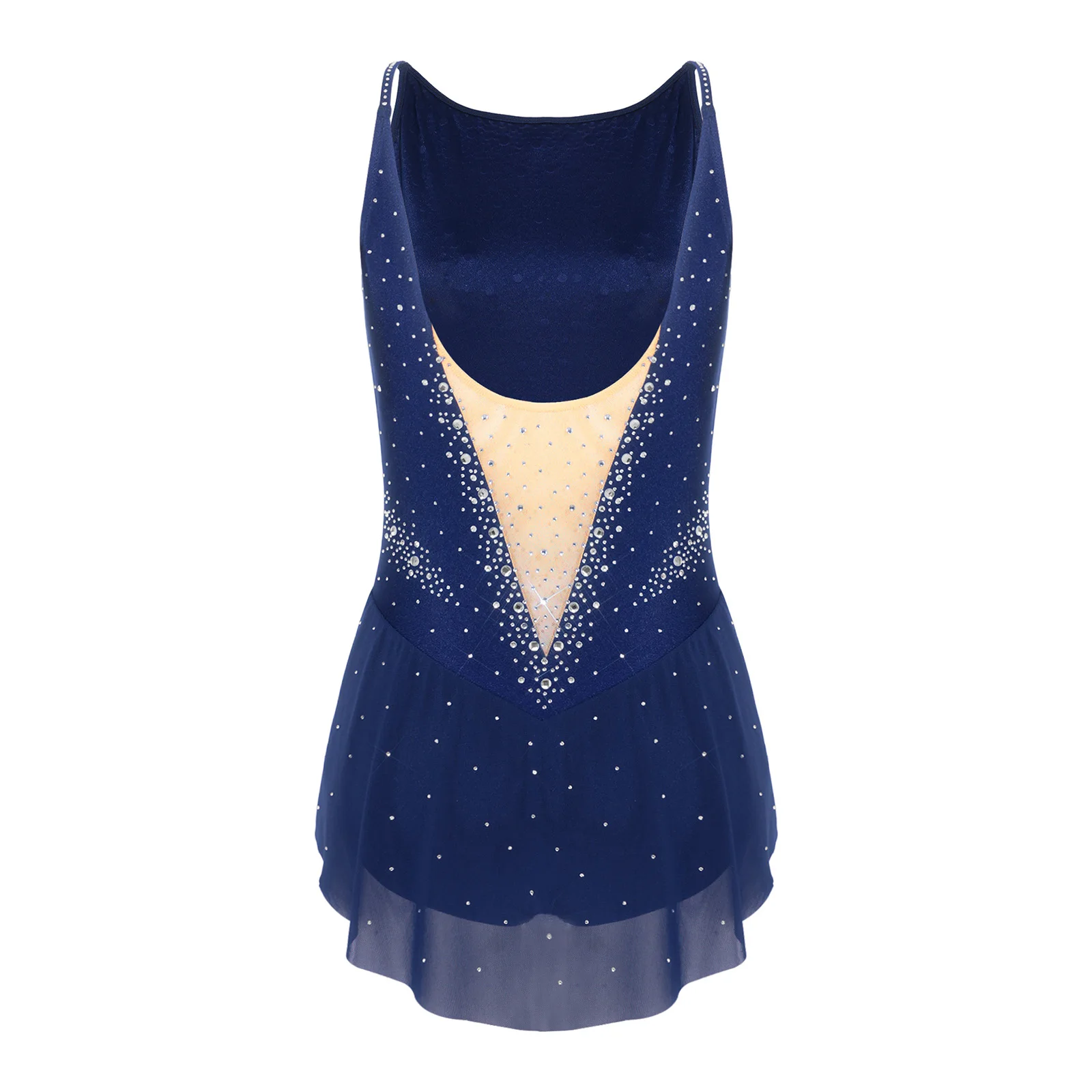 Damen-Gymnastik- und Eiskunstlauf-Ballett-Trikot mit Strasssteinen und unregelmäßigem Netzsaum, ärmellos, rückenfrei, einteiliger Jumpsuit – Detail 19