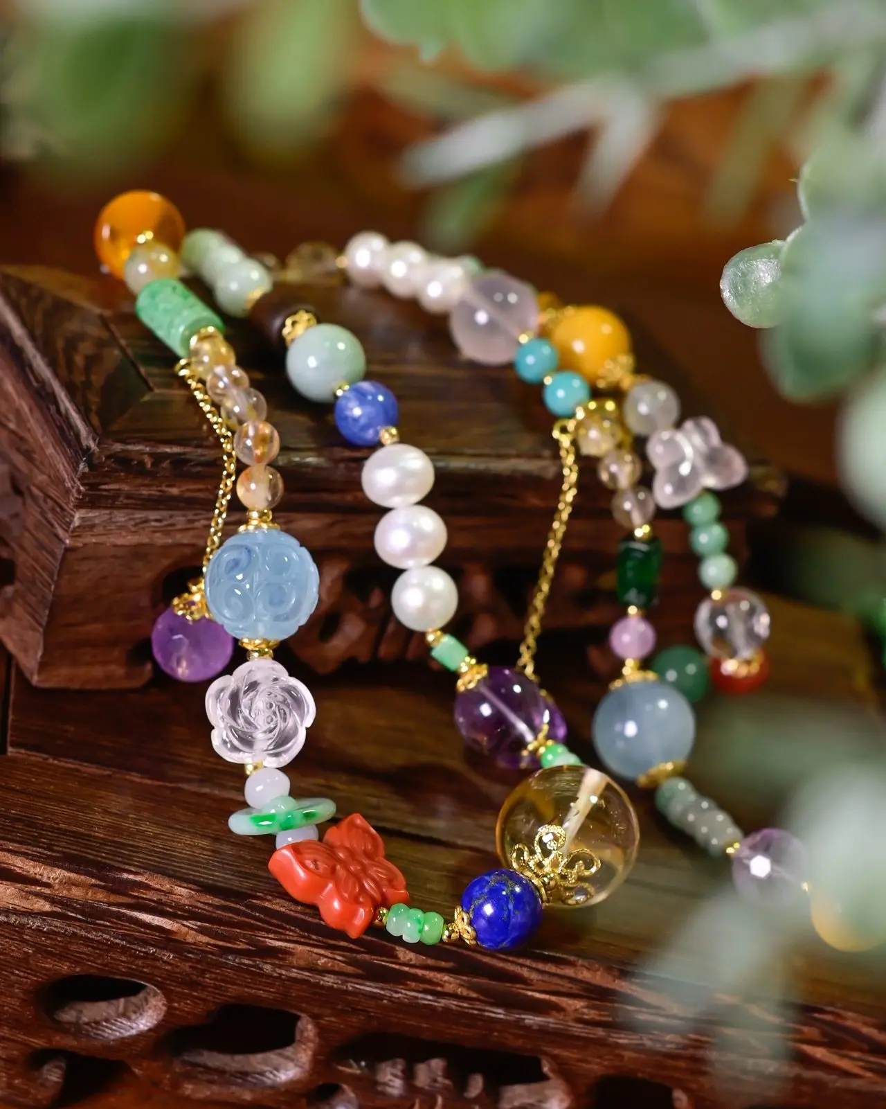 Natural Multi-Color Crystal Necklace Sweater Chain, 925 Sterling Silver Gold Plated, Chinese Style Gemstone Jewelry Gift