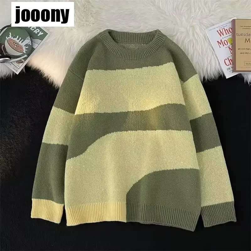 

Men's Autumn Winter 2023 New Loose Japanese Harajuku Knitted Patchwork Sweaters Men Vintage Round Neck Sweater Korean Versatile