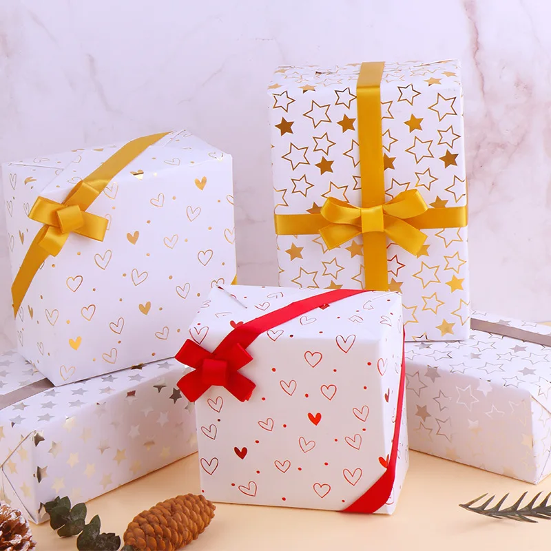 5 Pcs White 50x70cm Per Roll Gilded Star Heart Wrapping Paper Sheet Packaging for Kids Holiday Gift Wrap Craft Paper Decor Gifts