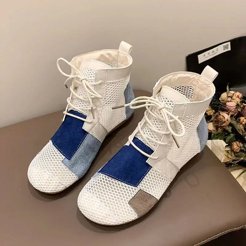New Summer Women's Mesh Hollow High Top Flat sole Boots Soft Sole Non Slip Breathable Lace Up Mixed Colors Sandals image 4