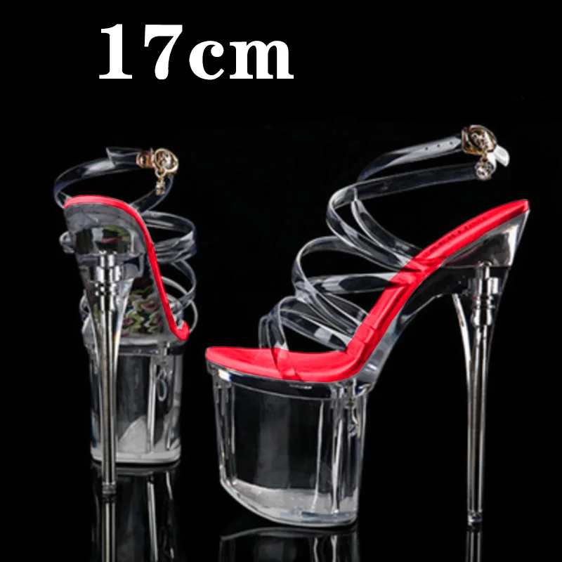 Stripper Heels Women Sandal Female Model T Station Catwalk Sexy Crystal Transparent Shoes High Heels Waterproof Head Sandals