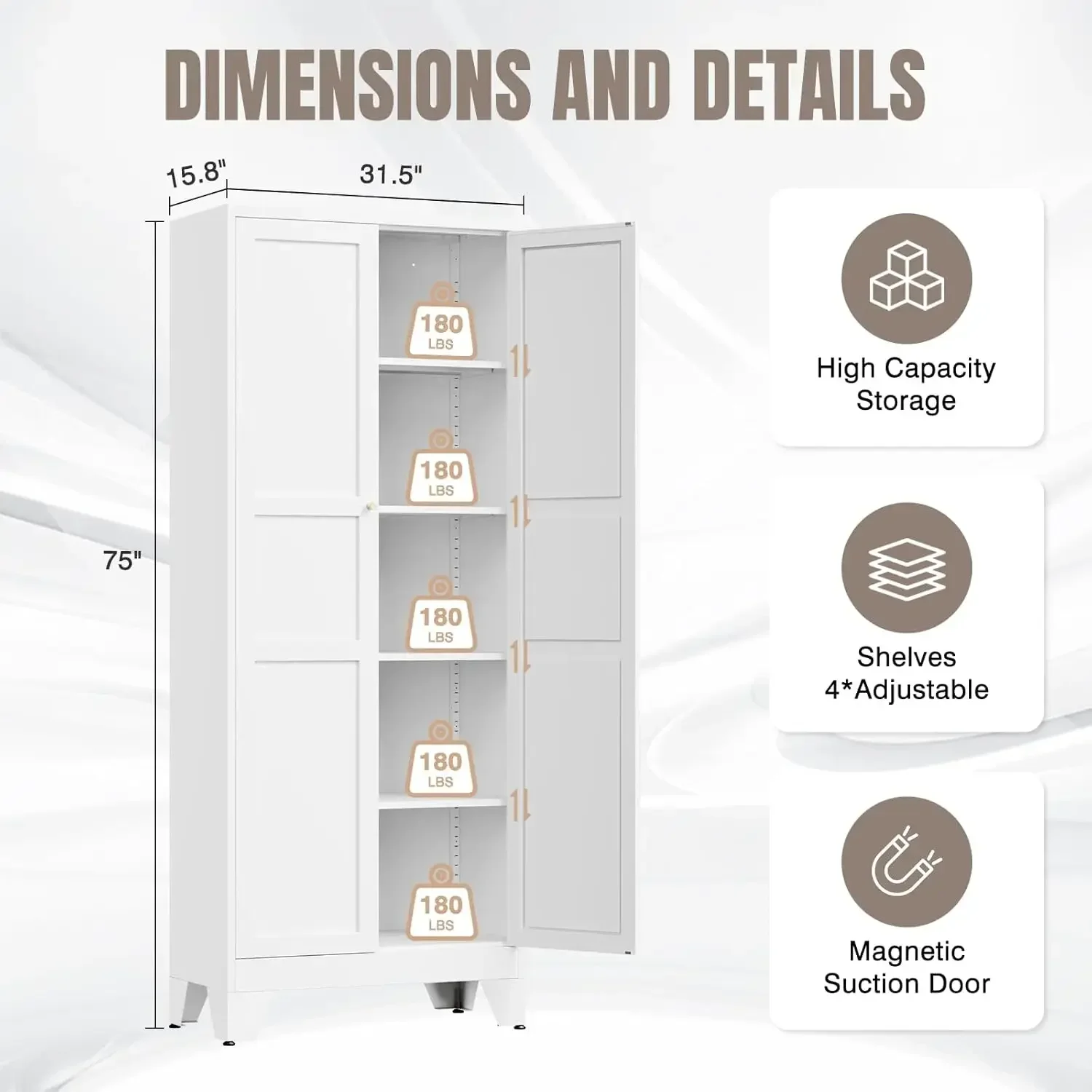 White Metal Pantry Cabinet 75 Inch Kitchen Storage Cupboard Four Adjustable Shelves Two Doors For Kitchen Dining Room Living Roo