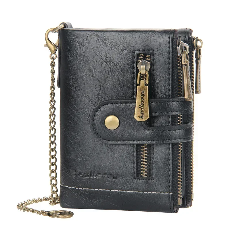 Nowe portfele męskie PU Leather Short Card Holder Chain Luxury Brand Men's Purse Wysokiej jakości klasyczny retro portfel męski na monety