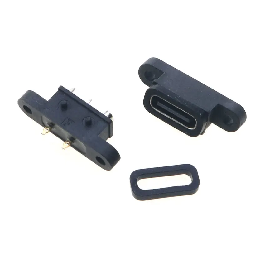 YuXi 1pc Type C 2Pin Waterproof Female USB C Socket Port With Screw Hole Fast Charge Charging Interface 180 Degree USB Connector