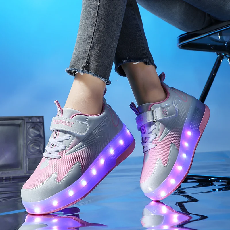 Dziecięce trampki podświetlana dioda LED buty Casual chłopięce buty do biegania z podwójne koła ładowaniem USB sportowe buty dziewczęce na rolkach