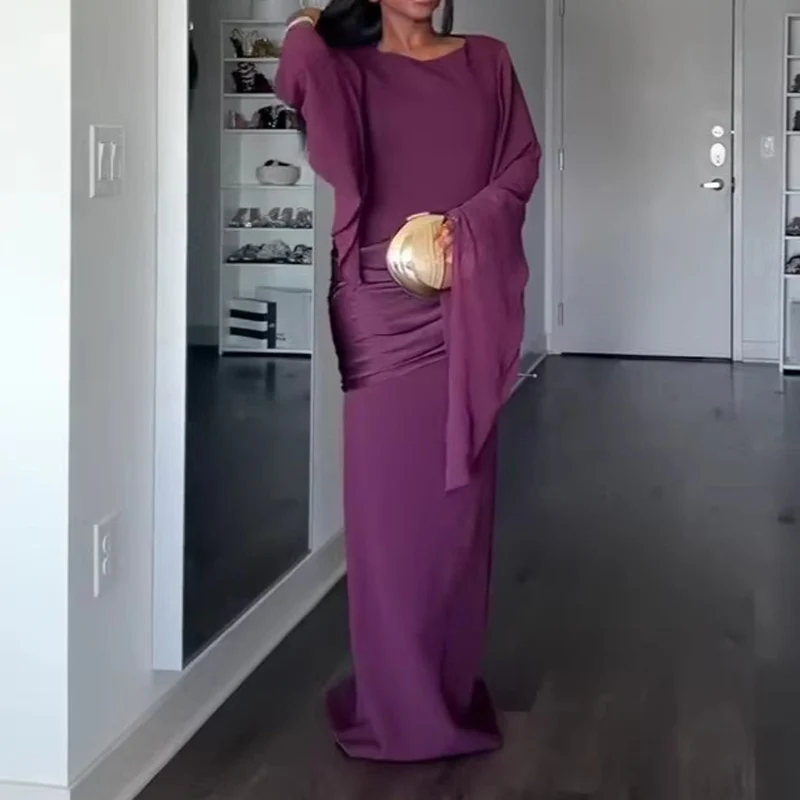 Elegant Crew Neck Waist Pleated Long Dress 2026 Spring Casual Solid Color Slim Maxi Dress Women Long Sleeve Bodycon Autumn Dress