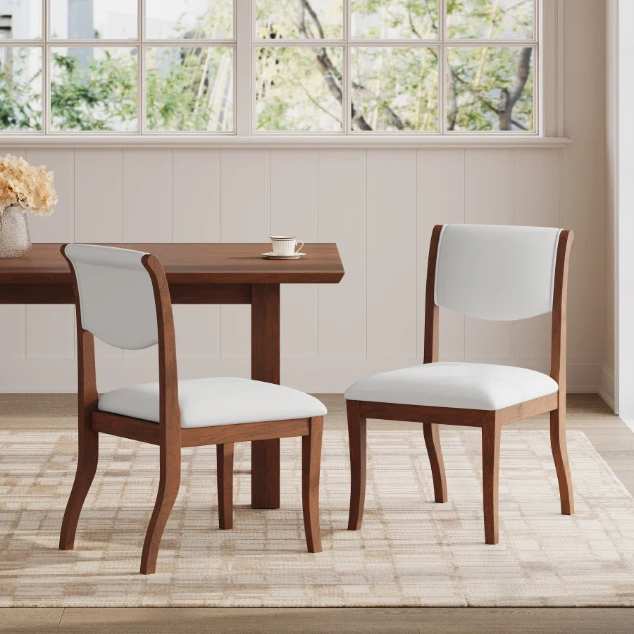 Walnut Finish Upholstered Dining Chairs Set of 2 - Traditional Elegant Fabric Side Chairs with Curved Lines, Solid Hardwood Fra