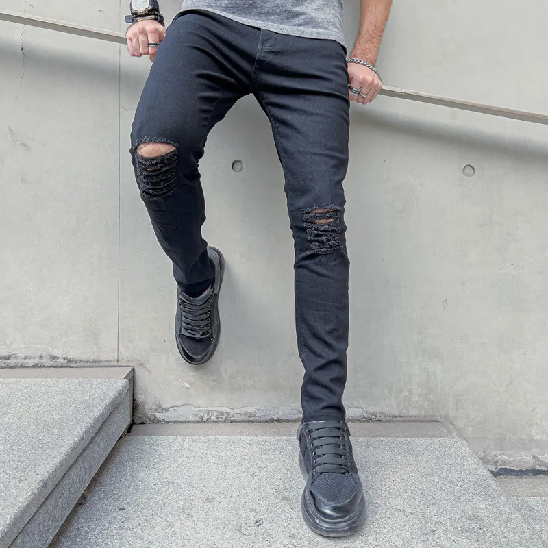 New Men Hip hop Style Ripped Skinny Jeans Men Stylish Slim Holes Pencil Denim Pants