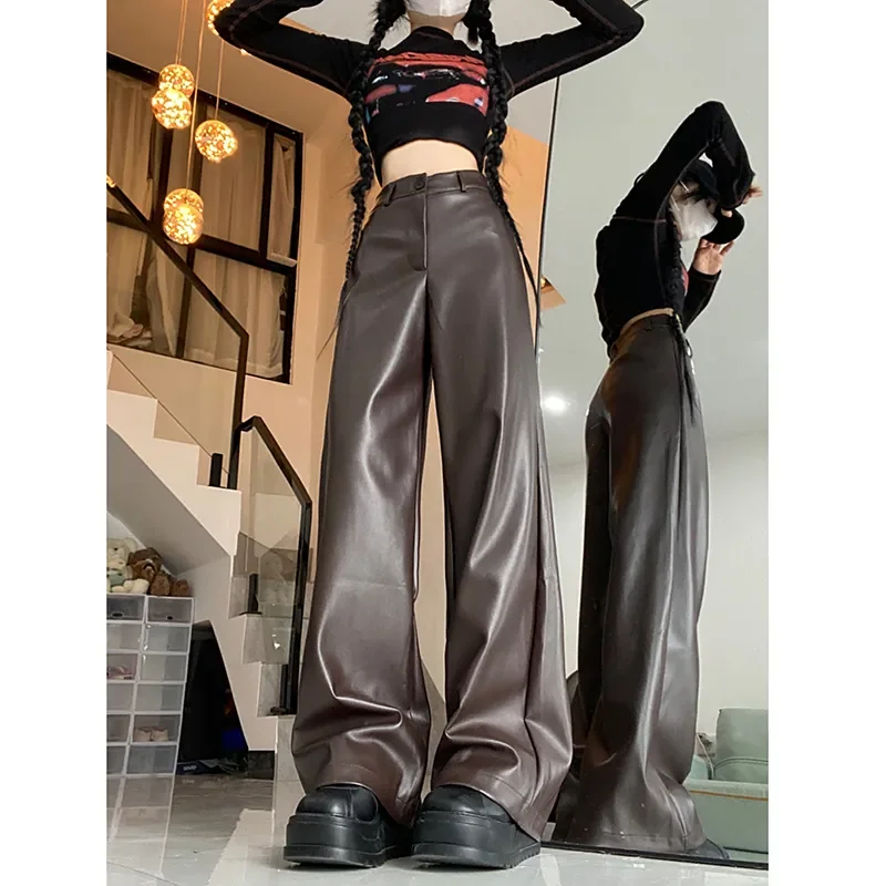 الأمريكية الرجعية بو الجلود عارضة للنساء ربيع الخريف السراويل عالية الخصر الجلود فضفاضة واسعة الساق السراويل الطابق التطهير السراويل #1
